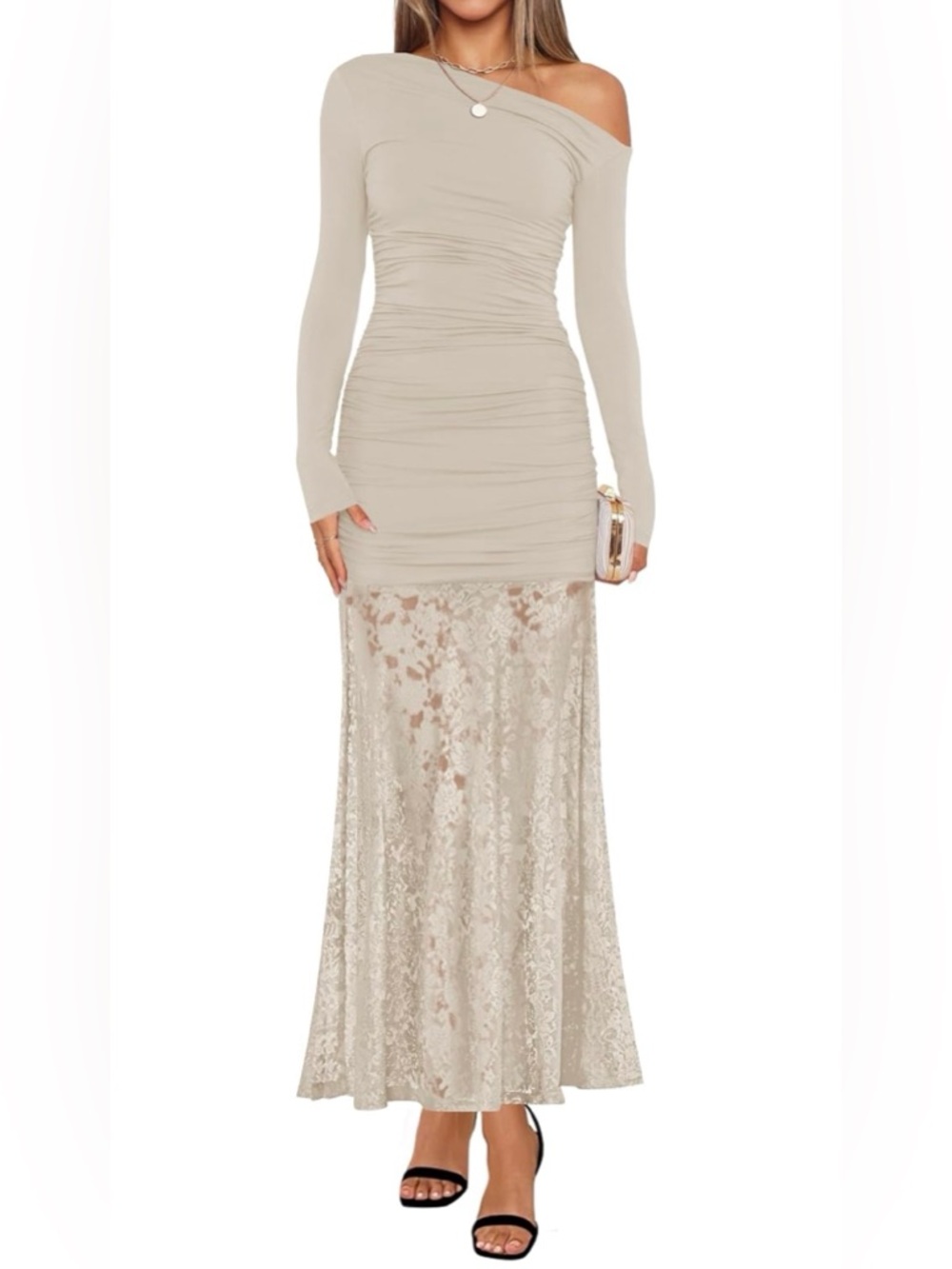 Jessica One-Shoulder Ruched Bodice Lace Maxi Dress in Cream